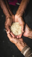 Elderly hands cupped together holding a small amount of uncooked white rice.