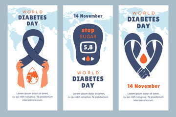 World Diabetes Day. Set of posters with glucometer and blue ribbon. Awareness of Diabete. Unity, prevention and global health concept. Vector illustration