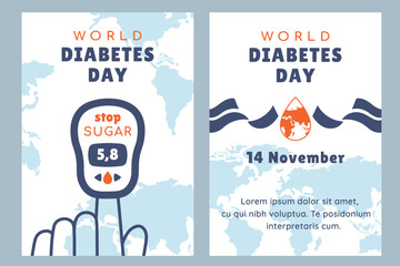 World Diabetes day flyers. Set of posters. Awareness of Diabetic care and education. Blue ribbon as symbol of unity, support. Sugar control. Vector illustration