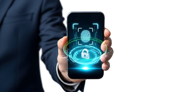 Smartphone security with biometric fingerprint scanner and padlock icon for digital protection