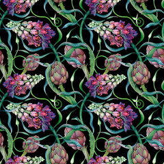 Seamless Floral Pattern with Purple Flowers and Green Foliage on Black