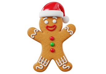 Cheerful Gingerbread Man with Santa Hat Isolated on White Background - A Sweet Christmas Holiday Cookie Treat