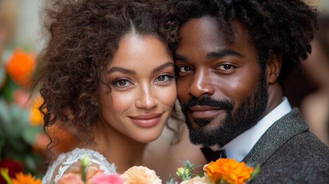 A happy couple cuddles amid colorful flowers, radiating love in a warm, sunlit setting