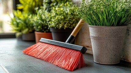 Fototapeta premium A bright broom by lush greenery enhances the fresh, clean indoor vibe of spring