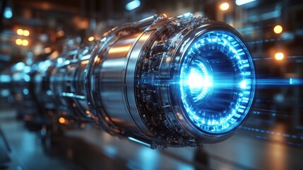 A sleek and innovative jet engine emanating vibrant blue light, set against a backdrop of advanced technology