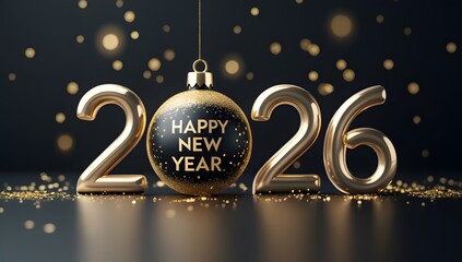 Golden 2026 numbers and ornament with sparkling confetti on dark background