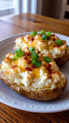 Twice baked potatoes loaded with cheese, bacon, and green onions on a white plate.