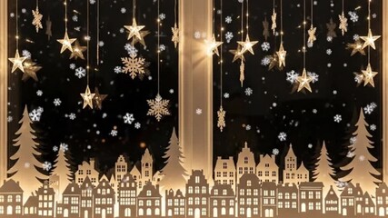 Cozy animated window scene with golden paper-cut city silhouettes, hanging stars and snowflakes, and falling snow against a dark night sky, evoking festive winter magic. - Powered by Adobe