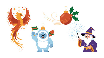 Festive ornaments: A delightful collection of holiday ornaments, featuring a phoenix, a festive bauble with holly, a friendly yeti, and a whimsical wizard, capturing the spirit of celebration and joy.