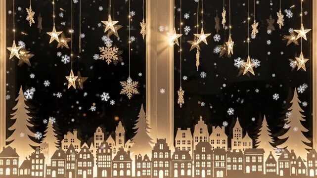 Cozy animated window scene with golden paper-cut city silhouettes, hanging stars and snowflakes, and falling snow against a dark night sky, evoking festive winter magic.