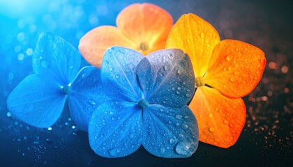 Vibrant blue and orange hydrangea flowers with water droplets on a dark .