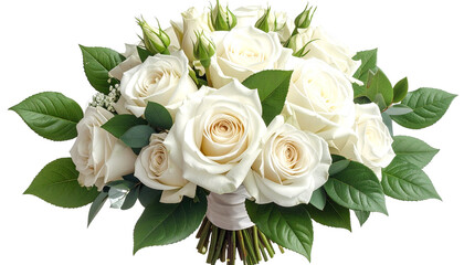 A realistic PNG of a bouquet of white roses, neatly arranged with soft petals and fresh greenery.