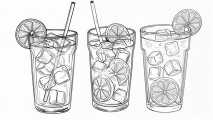 Three refreshing lemonade glasses with ice and lemon slices, hand-drawn sketch.