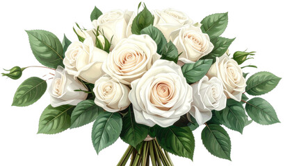 A realistic PNG of a bouquet of white roses, neatly arranged with soft petals and fresh greenery.