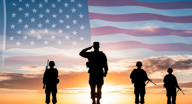 Silhouette of soldiers saluting with american flag backdrop at sunset honoring veterans day