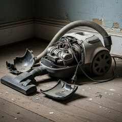 An old, broken vacuum cleaner with its internal motor exposed lies in pieces on a dusty wooden floor.