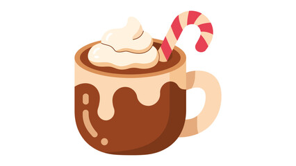 Cozy Cocoa Delight: A charming illustration depicts a comforting mug of cocoa, topped with whipped cream and a candy cane, inviting warmth and sweet indulgence.