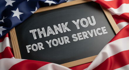 Fototapeta premium Thank you message on chalkboard with american flag draped around it for veterans appreciation day