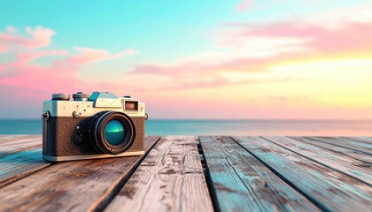 Vintage camera on a wooden pier with a beautiful pastel sunset over the ocean.