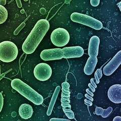 Microscopic view of various bacteria, showcasing diverse shapes and structures in a colorful environment.