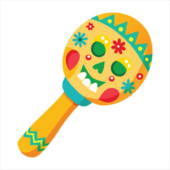 Magnifying glass isolated on white with colorful wooden maracas and a red plastic spoon tool