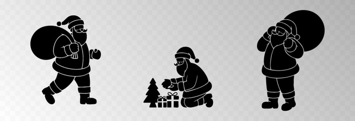 Santa Claus png with a big gift sack walking in snowy forest surrounded by Christmas trees, isolated on transparent background, space for holiday sale text, luxury New Year card vector