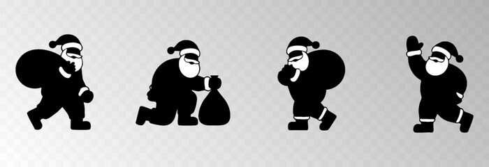 Santa Claus png with a big gift sack walking in snowy forest surrounded by Christmas trees, isolated on transparent background, space for holiday sale text, luxury New Year card vector