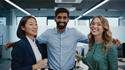 Diverse business professionals displaying positive surprise while viewing data analysis on computer monitor - Powered by Adobe