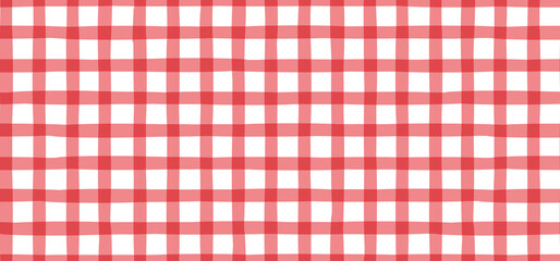  Seamless red and white gingham check pattern. Classic picnic tablecloth texture, Italian pizzeria fabric, retro basket napkin, vintage textile, wrapping paper and vector background
