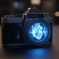 Vintage camera with a glowing heart and heartbeat graphic in the lens, symbolizing health photography.