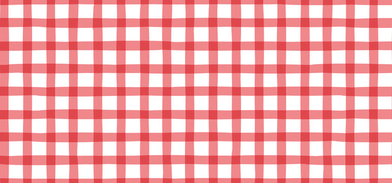  Seamless red and white gingham check pattern. Classic picnic tablecloth texture, Italian pizzeria fabric, retro basket napkin, vintage textile, wrapping paper and vector background
