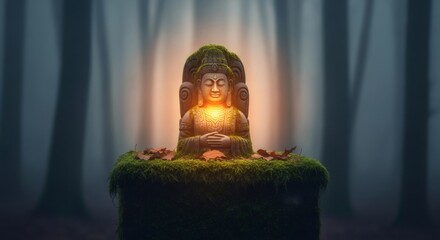 Mystical glowing buddha stone statue in a lush mossy bed, radiating spiritual energy, set against a blurred forest background as a deep meditation concept.