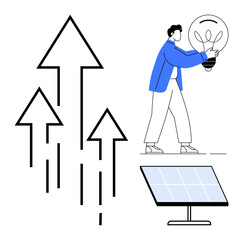 Person holding a glowing light bulb, solar panel, and increasing arrows symbolizing growth. Ideal for sustainability, renewable energy, innovation, progress, eco-friendly solutions, future-forward