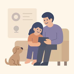 Happy Family Time with Father, Daughter and Dog Vector Illustration