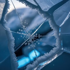 Intricate frost patterns on fractured ice, blue tones