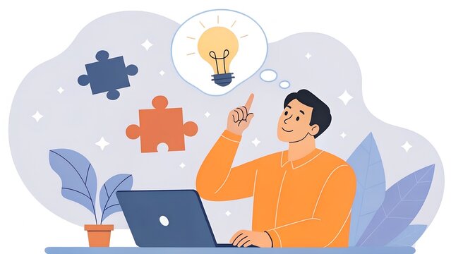Illustration of creativity and idea generation. A man sits at a laptop with a look of inspiration, finger raised. A thought bubble with a bright lightbulb, puzzle pieces, stars. Soft pastel background - Powered by Adobe