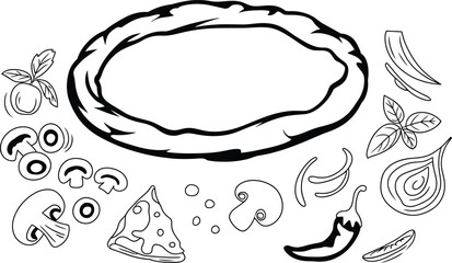 Pizza ingredients drawing with various toppings and blank crust