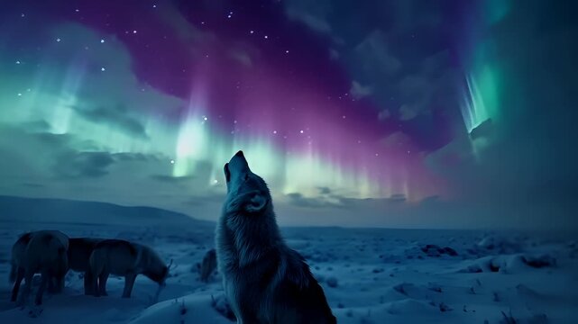 A vivid portrayal of a wolf howling at the aurora borealis. The wolf is depicted in a side profile, with its head tilted upwards, eyes closed, and mouth open, as if in midconversation.