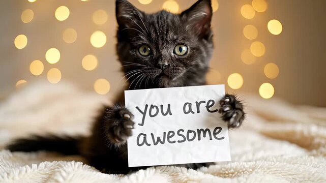 A playful black kitten proudly holds a handmade sign proclaiming You are awesome against a clean background, perfectly capturing the concept of self acceptance and encouragement.