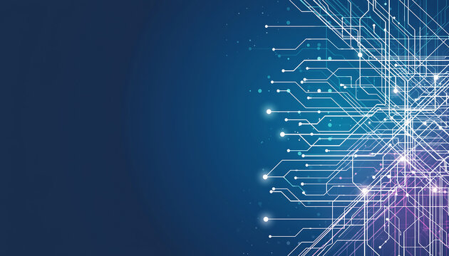 Abstract digital circuitry and glowing lines on dark blue background