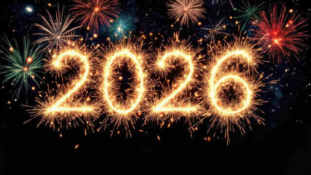 Sparkling 2026 New Year's Eve fireworks display against a starry night sky