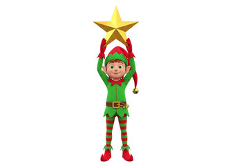 Cute 3D Christmas Elf Character Holding Golden Star Overhead on White Background