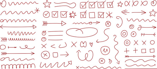 Hand drawn doodle arrows, checkmarks, circles, lines, and stars