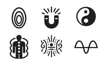 Energy Field Icons. Solid style icons of energy field balancing: overlapping aura rings, central magnet pulse, radiating energy
