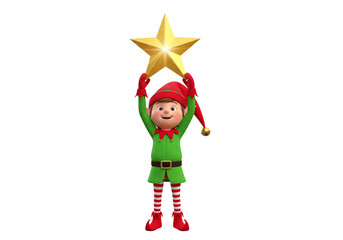 Cheerful 3D Christmas Elf Holding Up a Bright Golden Star - Festive Holiday Decoration Character