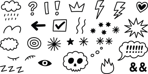 Diverse hand drawn doodle icon set featuring abstract symbols.