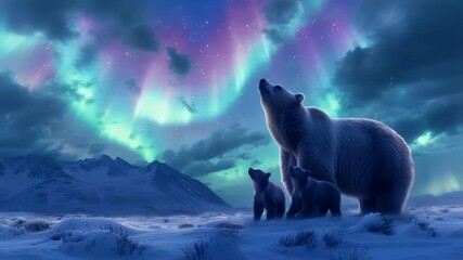 A vivid portrayal of a polar bear and her cubs under a mesmerizing aurora borealis. The bear and cubs are depicted in a serene, icy landscape. - Powered by Adobe