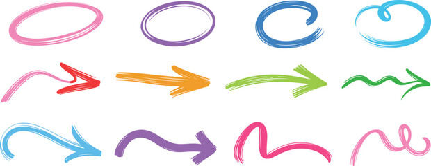 Colorful hand-drawn brush stroke arrows and circles collection