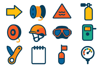 Cave Diving Icons. Flat vector icons of Cave Diving Safety: guideline arrow, jump spool, line marker, redundant tank, safety reel,
