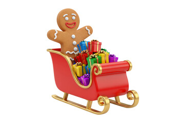 Festive Gingerbread Man Riding a Sleigh Full of Colorful Christmas Presents on White Background